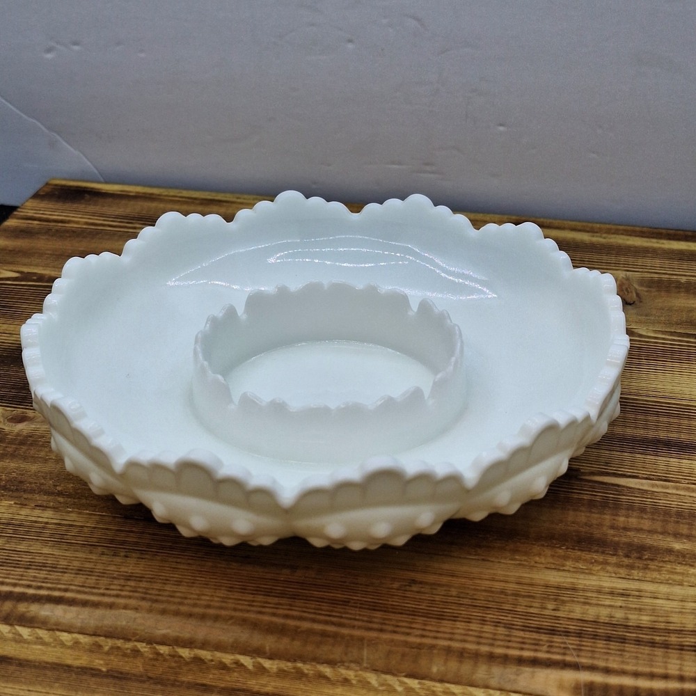 Fenton White Milk Glass Hobnail Chip Dip Snack Bowl Hobnail Heavy Sawtooth Edge